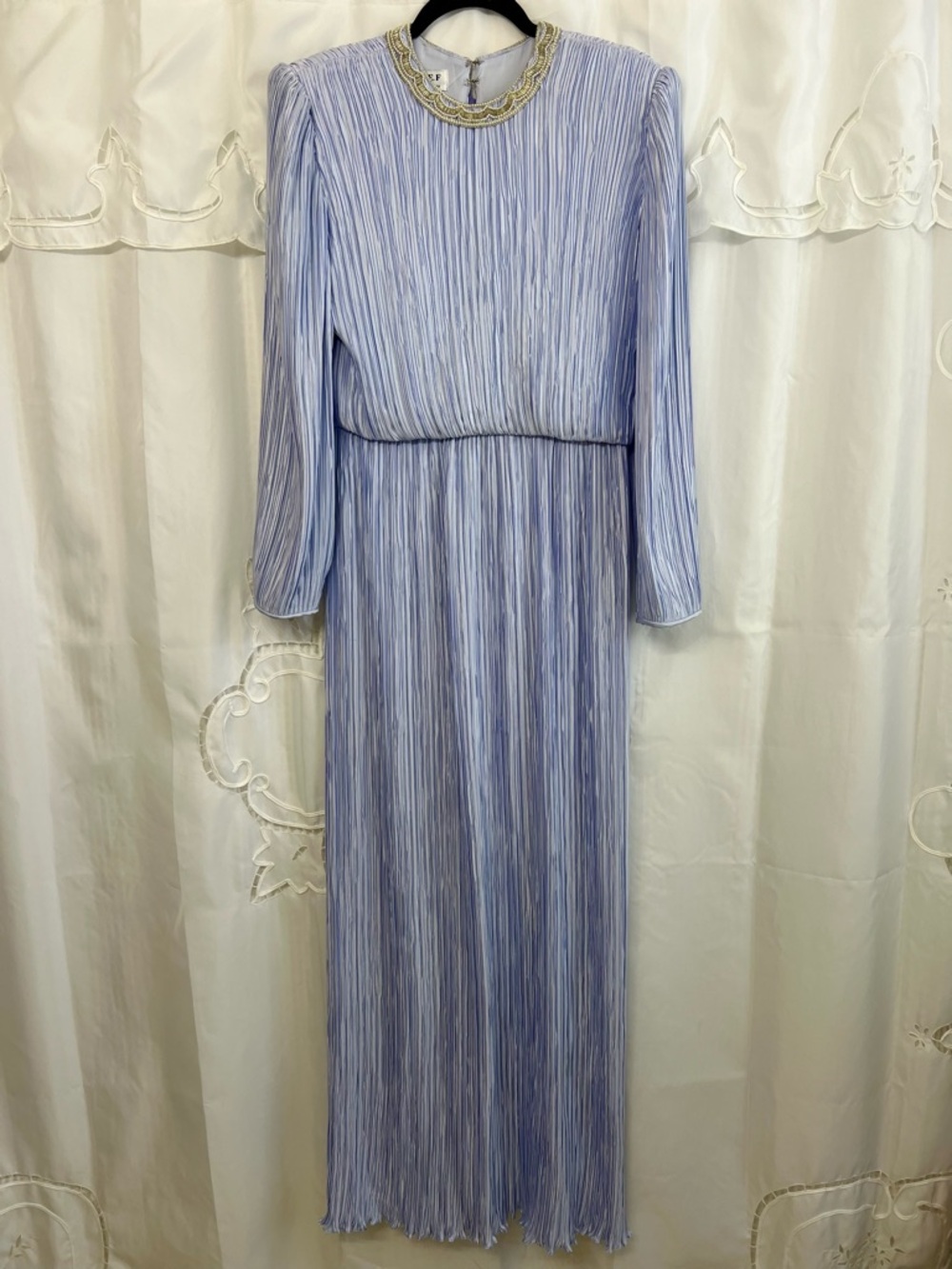 Vintage George F Couture Periwinkle Blue Pleated Beaded Maxi Dress Size 8
